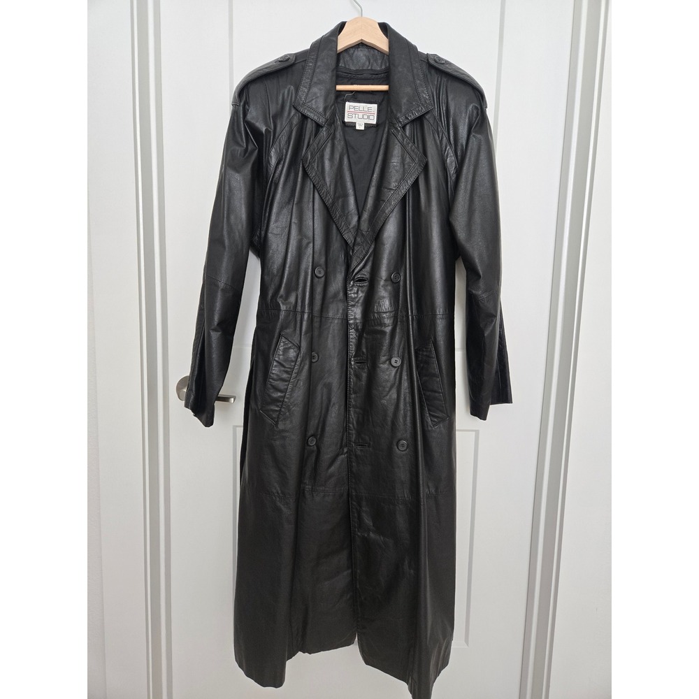 Pelle Studio Black Leather Trench Coat Vintage Thinsulate Long Belted Mens L